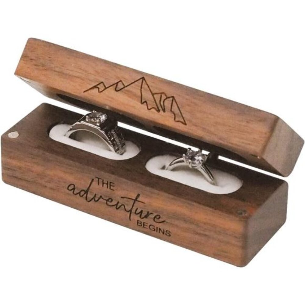 Engraved Flip Wooden 2 Ring box for wedding -Rustic Vintage Solid Wood rectangle